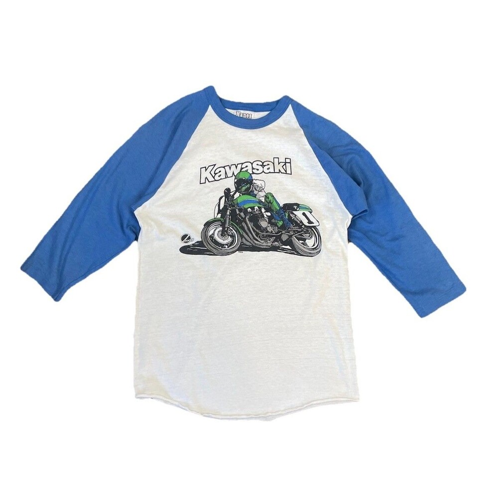 Vintage‎ 1982 Kawasaki Raglan Baseball Tee Hanes Poly Cotton Motorcycle Shirt